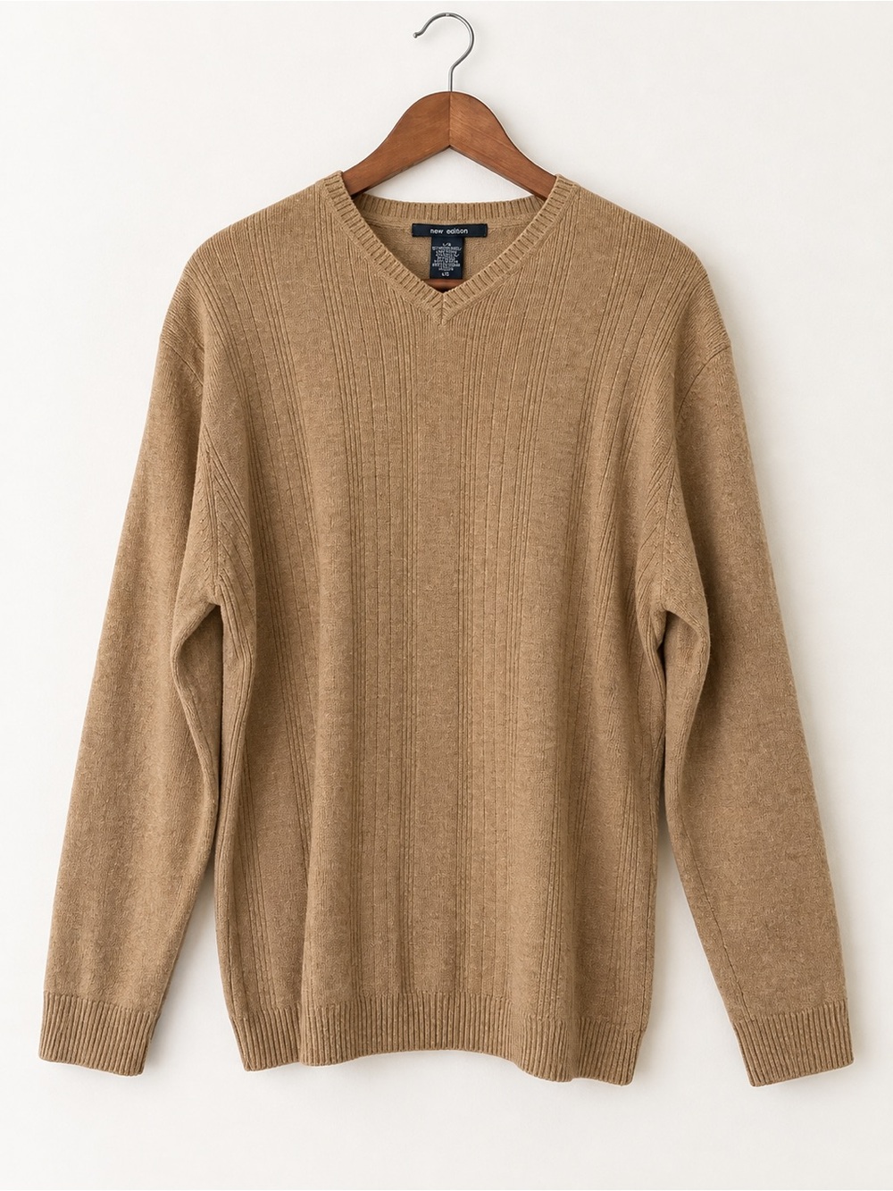 Vintage Merino Wool Blend Sweater Large Beige Camel V Neck Ribbed Knit